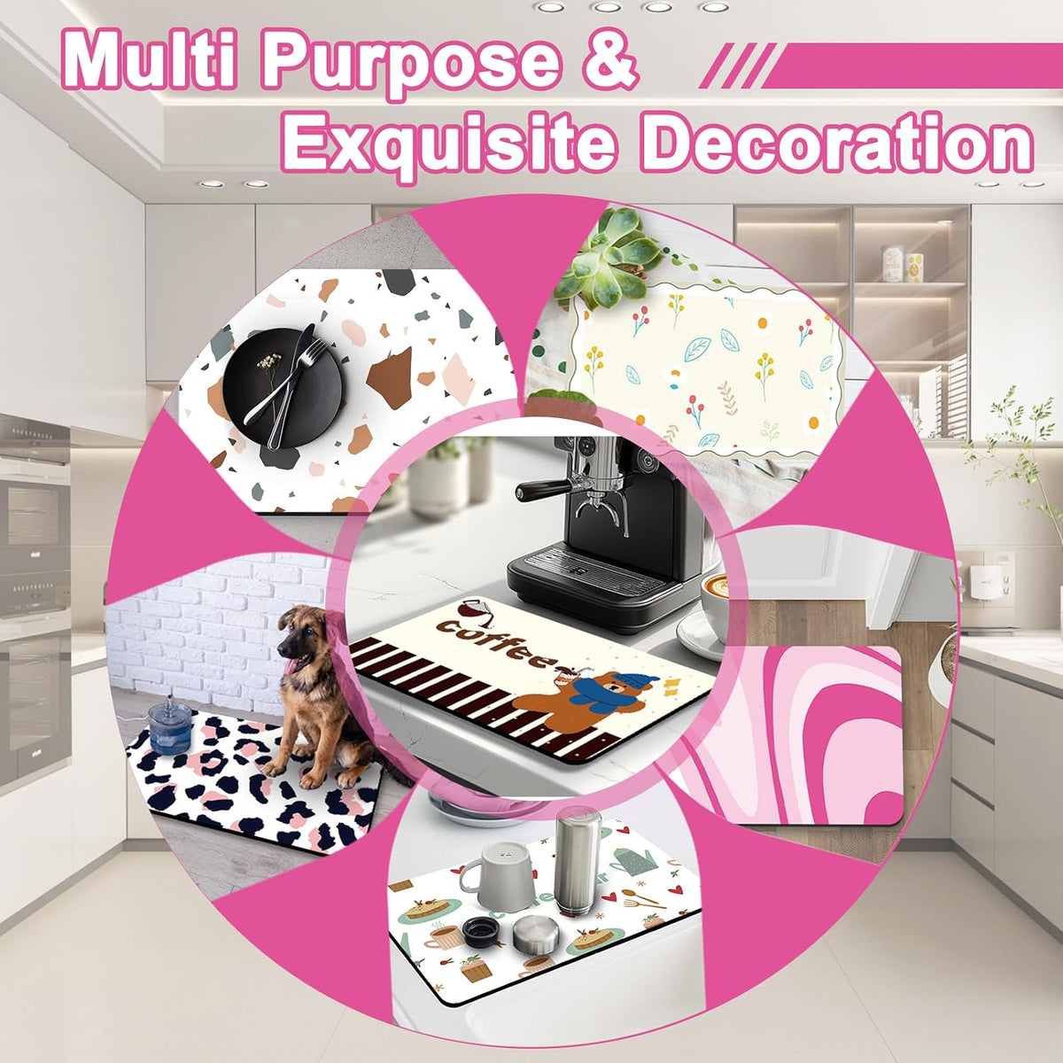 Absorbent Dish Drying Mat for Kitchen Counter, 17" X 28” Coffee Bar Mat for Espresso Machine, Quick Dry Aesthetic Drying Pad, Non-Slip Waterproof Countertop Protector for Coffee Maker, Pink Abstract