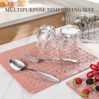 Kitchen Sink Mat, 12" x 10" Rectangular Sink Protector Pad, Fast-Draining Grid Design Liner, Dish Drying Mat , 2 Pack Pink