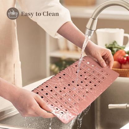 Kitchen Sink Mat, 12" x 10" Rectangular Sink Protector Pad, Fast-Draining Grid Design Liner, Dish Drying Mat , 2 Pack Pink