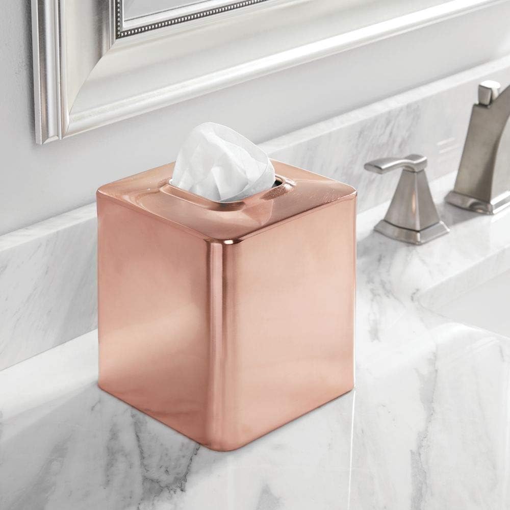 Minimalistic Rose Gold Square Steel Tissue Box Cover for Bathroom - Modern Holder/Dispenser for Paper Facial Tissues - Avia Collection