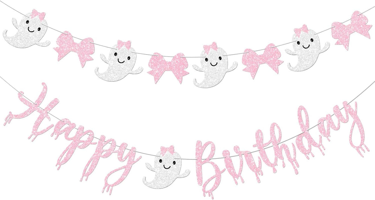 Pink Halloween Birthday Banner for Girl Prestrung Glitter Pink Bow Ghost Garland for Happy Boo Day Halloween Birthday Party Decorations Supplies
