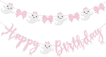 Pink Halloween Birthday Banner for Girl Prestrung Glitter Pink Bow Ghost Garland for Happy Boo Day Halloween Birthday Party Decorations Supplies