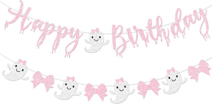 Pink Halloween Birthday Banner for Girl Prestrung Glitter Pink Bow Ghost Garland for Happy Boo Day Halloween Birthday Party Decorations Supplies