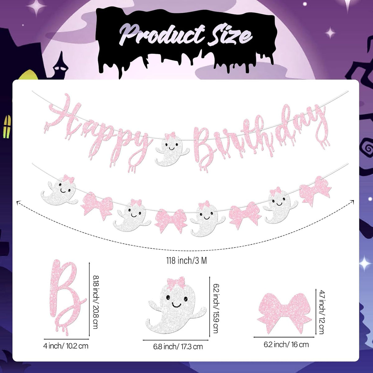 Pink Halloween Birthday Banner for Girl Prestrung Glitter Pink Bow Ghost Garland for Happy Boo Day Halloween Birthday Party Decorations Supplies