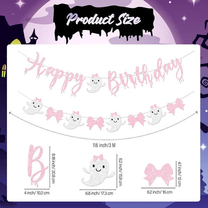 Pink Halloween Birthday Banner for Girl Prestrung Glitter Pink Bow Ghost Garland for Happy Boo Day Halloween Birthday Party Decorations Supplies