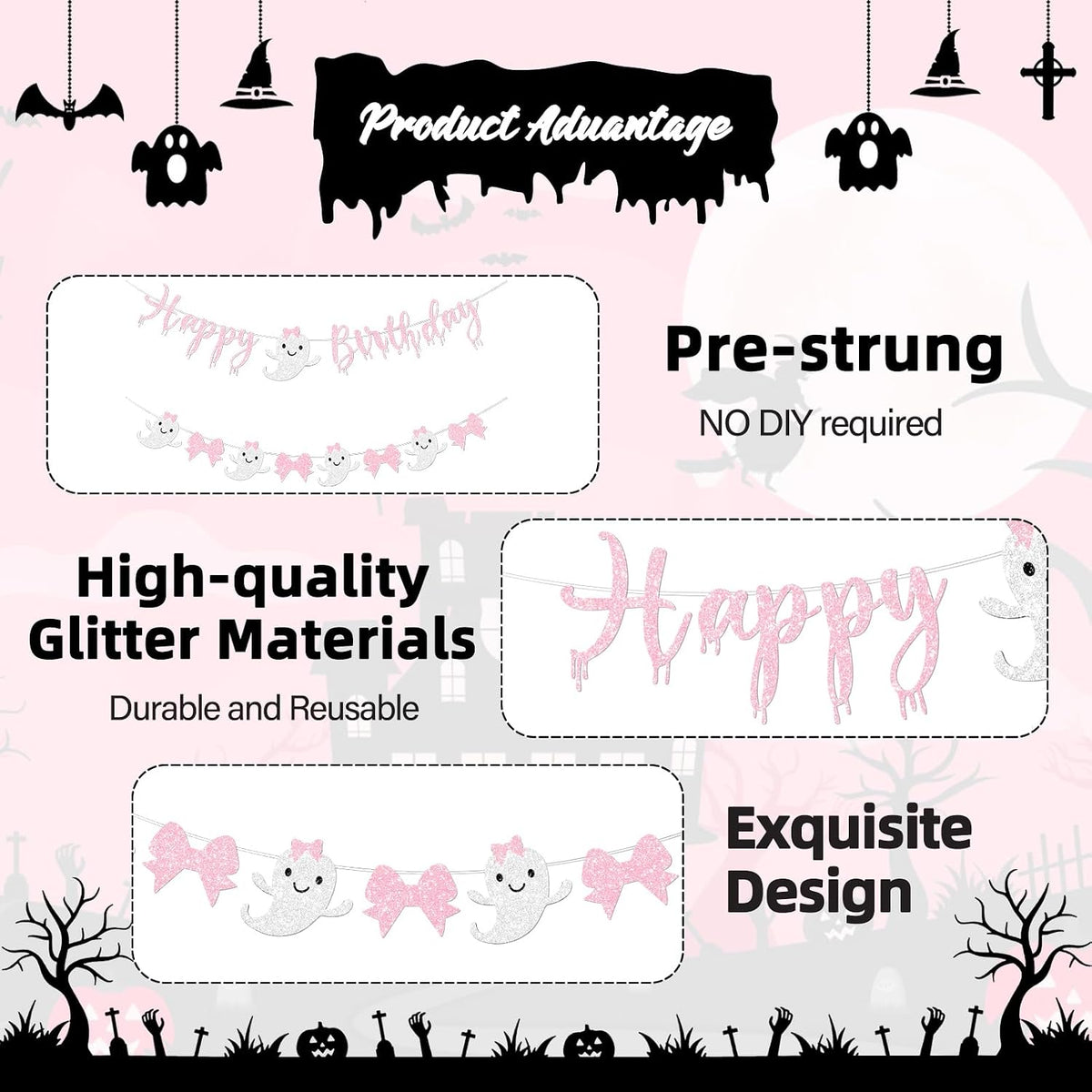 Pink Halloween Birthday Banner for Girl Prestrung Glitter Pink Bow Ghost Garland for Happy Boo Day Halloween Birthday Party Decorations Supplies