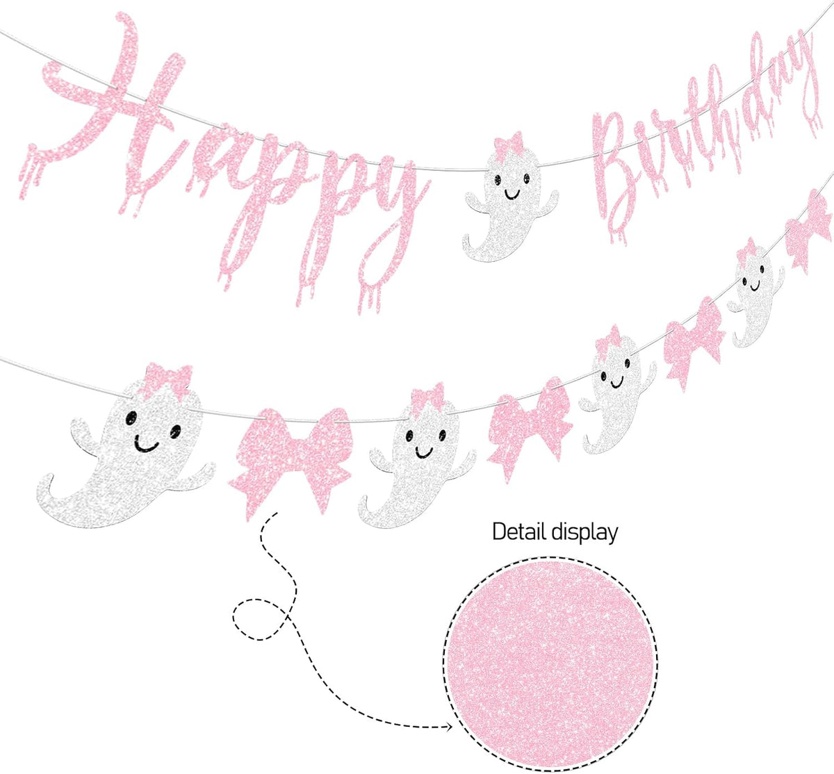 Pink Halloween Birthday Banner for Girl Prestrung Glitter Pink Bow Ghost Garland for Happy Boo Day Halloween Birthday Party Decorations Supplies
