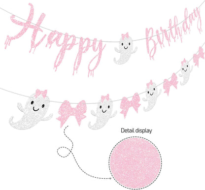 Pink Halloween Birthday Banner for Girl Prestrung Glitter Pink Bow Ghost Garland for Happy Boo Day Halloween Birthday Party Decorations Supplies