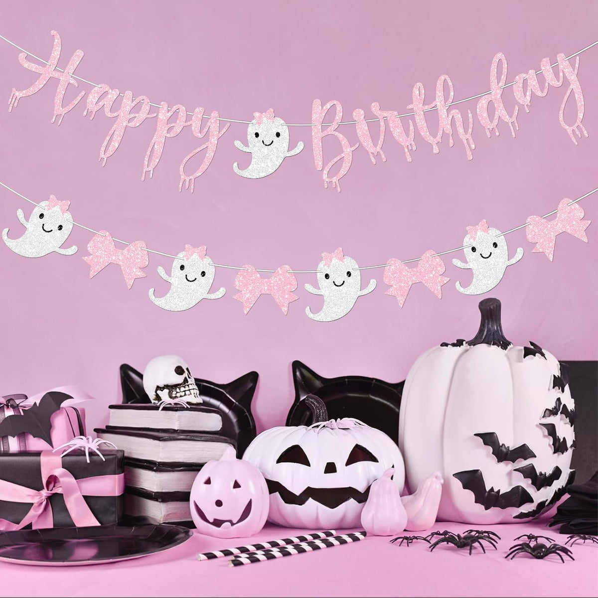 Pink Halloween Birthday Banner for Girl Prestrung Glitter Pink Bow Ghost Garland for Happy Boo Day Halloween Birthday Party Decorations Supplies