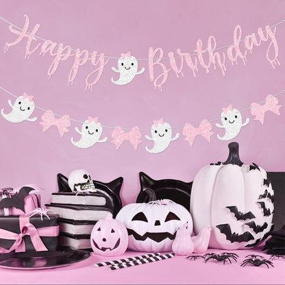 Pink Halloween Birthday Banner for Girl Prestrung Glitter Pink Bow Ghost Garland for Happy Boo Day Halloween Birthday Party Decorations Supplies