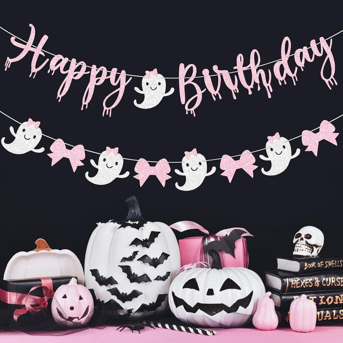 Pink Halloween Birthday Banner for Girl Prestrung Glitter Pink Bow Ghost Garland for Happy Boo Day Halloween Birthday Party Decorations Supplies