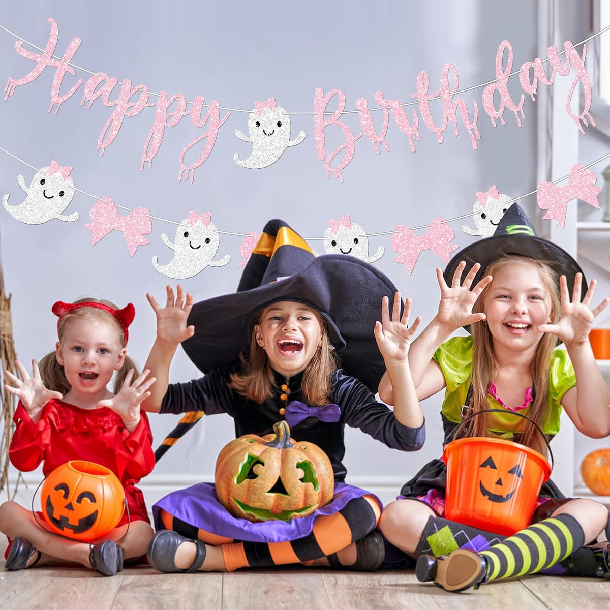 Pink Halloween Birthday Banner for Girl Prestrung Glitter Pink Bow Ghost Garland for Happy Boo Day Halloween Birthday Party Decorations Supplies