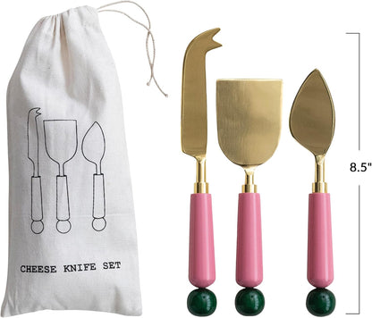 3 pcs Stainless Steel Cheese Knife Set w/Resin Handles, Pink & Green