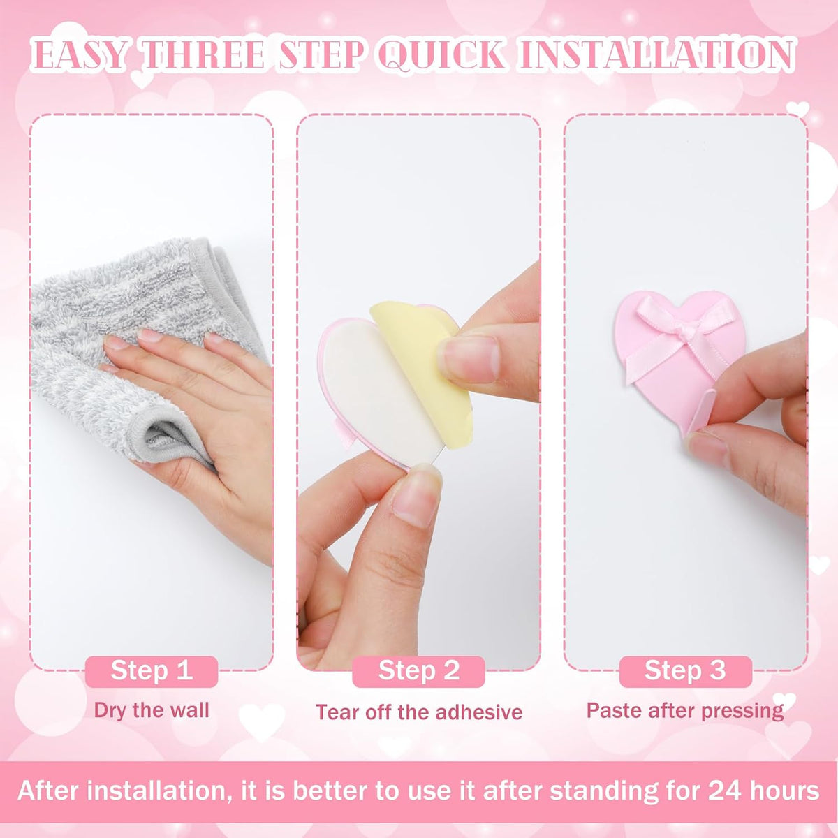 12 Pcs Pink Heart Bow Wall Hooks Adhesive for Dorm Bedroom