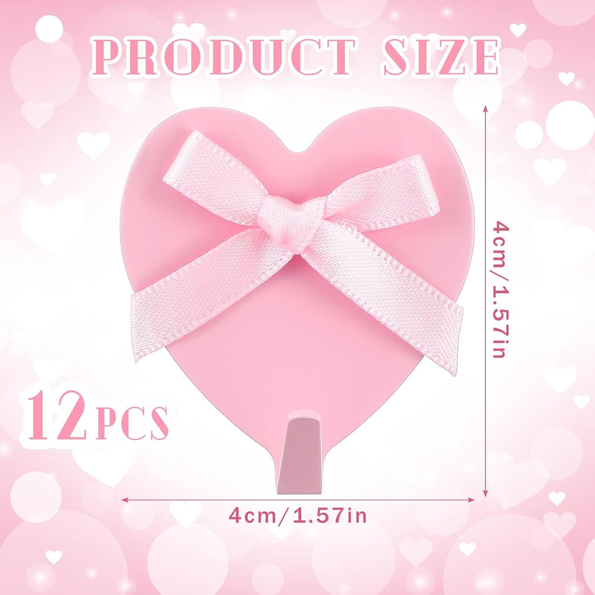 12 Pcs Pink Heart Bow Wall Hooks Adhesive for Dorm Bedroom