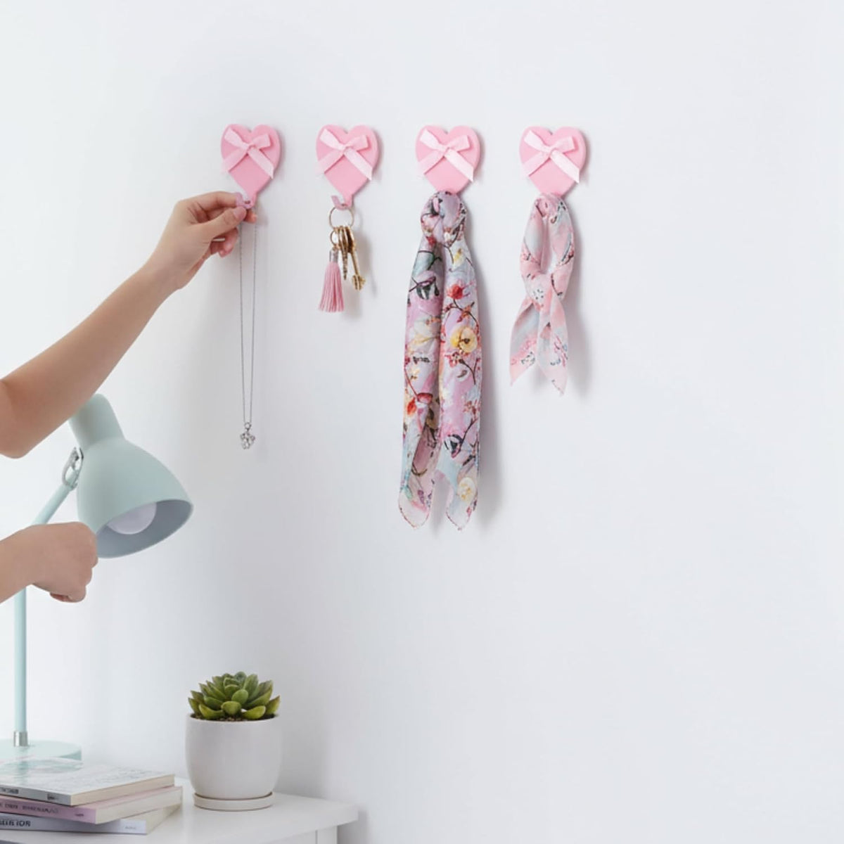 12 Pcs Pink Heart Bow Wall Hooks Adhesive for Dorm Bedroom