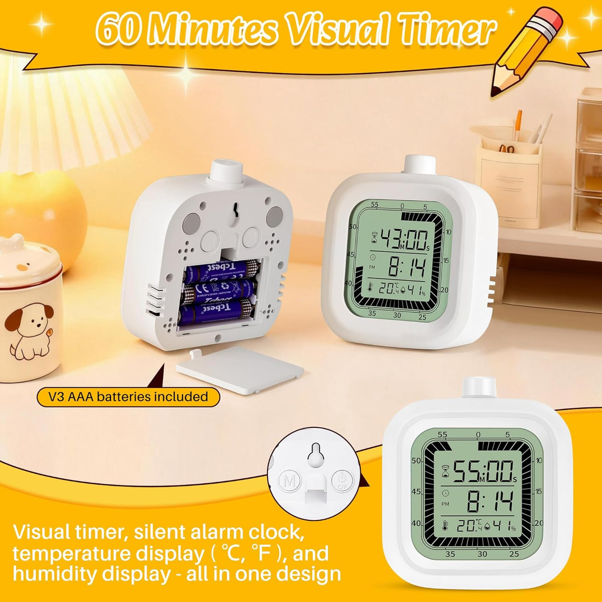 4 in 1 Visual Digital Visual Timer Battery Operation Alarm Clock with Humidity Temperature Monitor Magnetic Wall Mount Kitchen Study Timer for Classroom Office Bedroom Pink