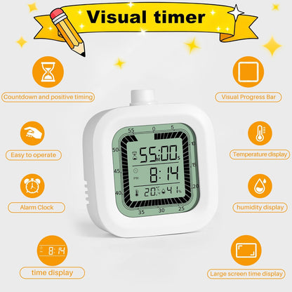 4 in 1 Visual Digital Visual Timer Battery Operation Alarm Clock with Humidity Temperature Monitor Magnetic Wall Mount Kitchen Study Timer for Classroom Office Bedroom Pink