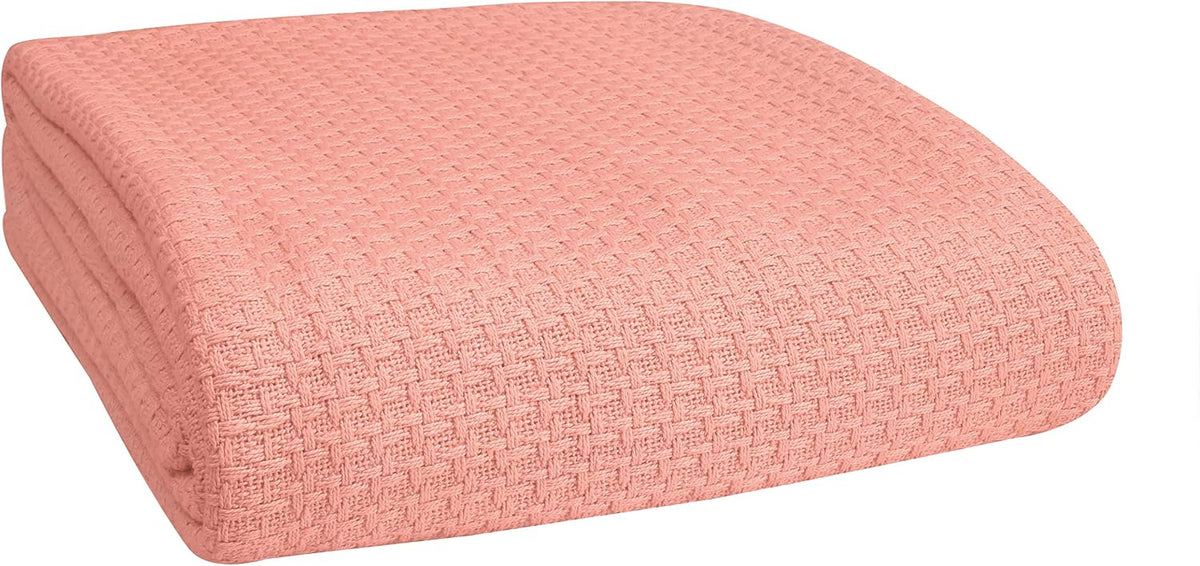 100% Cotton Bed Blanket, Breathable Bed Blanket Full Queen Size, Cotton Thermal Blankets Full Queen, Perfect for Layering Any Bed for All Season, Peach