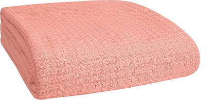 100% Cotton Bed Blanket, Breathable Bed Blanket Full Queen Size, Cotton Thermal Blankets Full Queen, Perfect for Layering Any Bed for All Season, Peach
