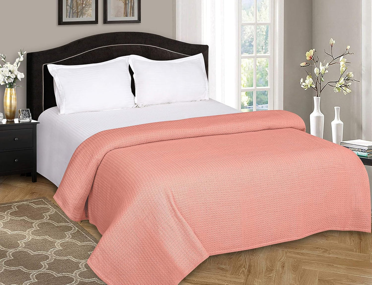 100% Cotton Bed Blanket, Breathable Bed Blanket Full Queen Size, Cotton Thermal Blankets Full Queen, Perfect for Layering Any Bed for All Season, Peach