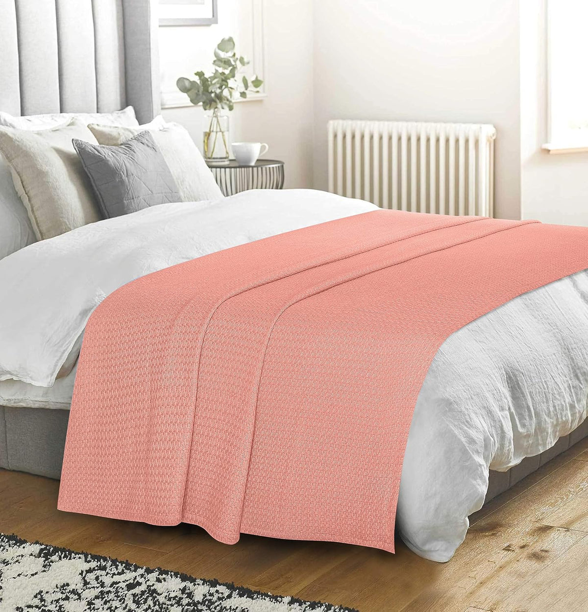 100% Cotton Bed Blanket, Breathable Bed Blanket Full Queen Size, Cotton Thermal Blankets Full Queen, Perfect for Layering Any Bed for All Season, Peach