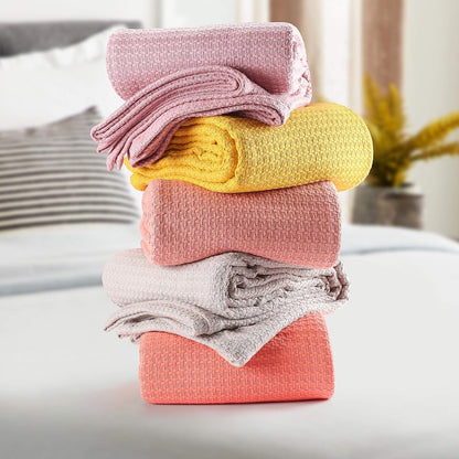 100% Cotton Bed Blanket, Breathable Bed Blanket Full Queen Size, Cotton Thermal Blankets Full Queen, Perfect for Layering Any Bed for All Season, Peach