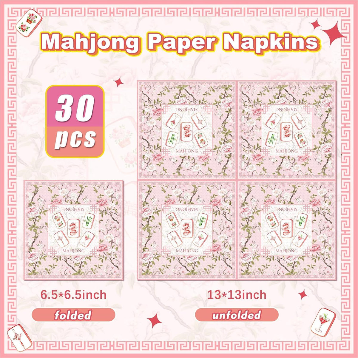 30 Pcs Mahjong Napkins Cocktail Party Supplies, Paper, Pink Flowers