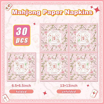 30 Pcs Mahjong Napkins Cocktail Party Supplies, Paper, Pink Flowers