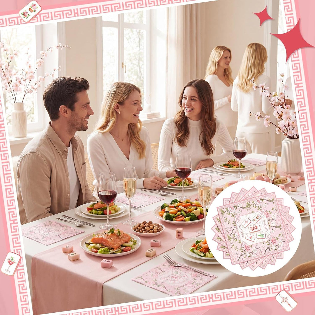 30 Pcs Mahjong Napkins Cocktail Party Supplies, Paper, Pink Flowers