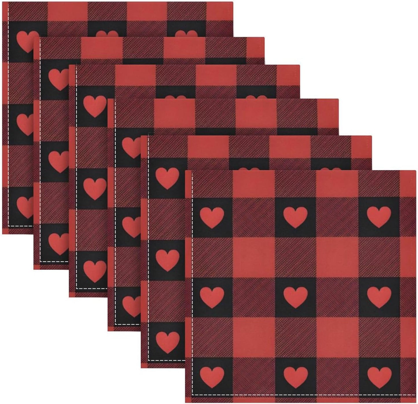 Valentines Cloth Napkins Set of 6, Red Buffalo Check Love Heart Square Premium Polyester Table Linen 20 Inch Napkins for Dinner Parties