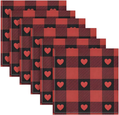 Valentines Cloth Napkins Set of 6, Red Buffalo Check Love Heart Square Premium Polyester Table Linen 20 Inch Napkins for Dinner Parties