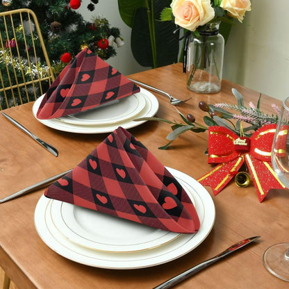 Valentines Cloth Napkins Set of 6, Red Buffalo Check Love Heart Square Premium Polyester Table Linen 20 Inch Napkins for Dinner Parties