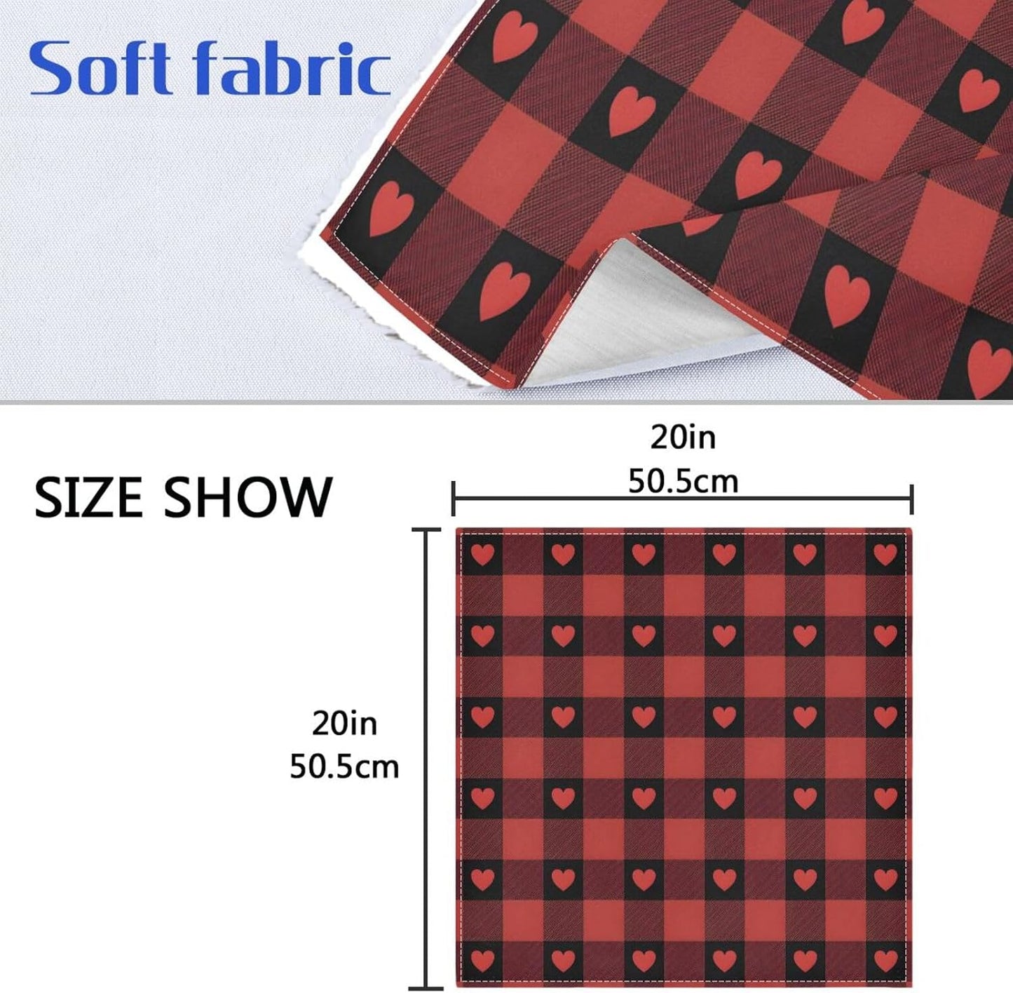 Valentines Cloth Napkins Set of 6, Red Buffalo Check Love Heart Square Premium Polyester Table Linen 20 Inch Napkins for Dinner Parties