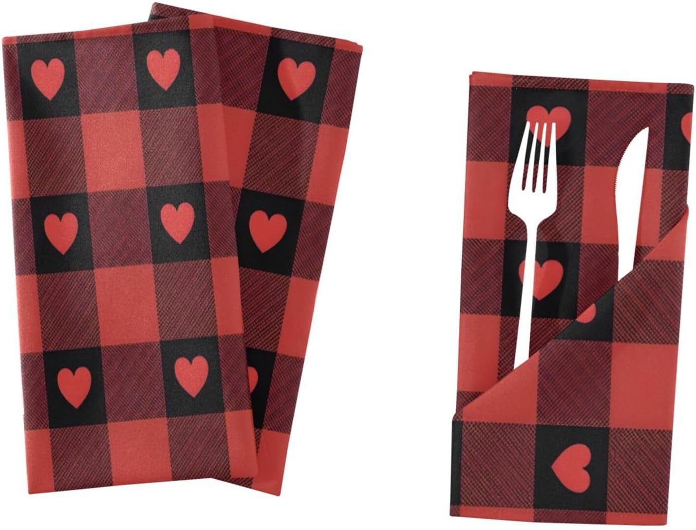 Valentines Cloth Napkins Set of 6, Red Buffalo Check Love Heart Square Premium Polyester Table Linen 20 Inch Napkins for Dinner Parties