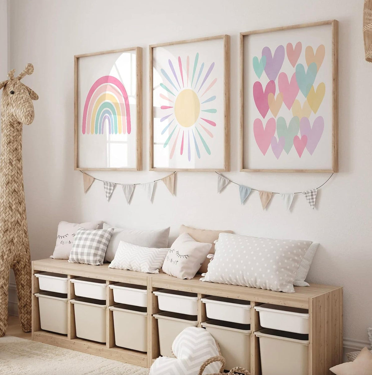 3Pcs Pink Nursery Canvas Wall Art Pastel Rainbow Sun Hearts Posters Prints Boho Pink Sunshine Painting Wall Decor Pictures for Toddler Girls Baby Kids Room Decoration, Unframed 12x16in