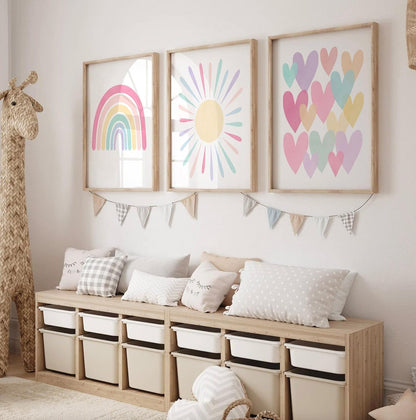 3Pcs Pink Nursery Canvas Wall Art Pastel Rainbow Sun Hearts Posters Prints Boho Pink Sunshine Painting Wall Decor Pictures for Toddler Girls Baby Kids Room Decoration, Unframed 12x16in