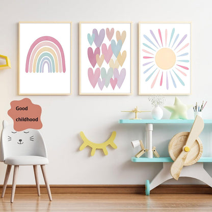 3Pcs Pink Nursery Canvas Wall Art Pastel Rainbow Sun Hearts Posters Prints Boho Pink Sunshine Painting Wall Decor Pictures for Toddler Girls Baby Kids Room Decoration, Unframed 12x16in