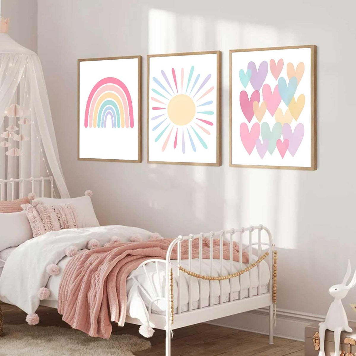 3Pcs Pink Nursery Canvas Wall Art Pastel Rainbow Sun Hearts Posters Prints Boho Pink Sunshine Painting Wall Decor Pictures for Toddler Girls Baby Kids Room Decoration, Unframed 12x16in