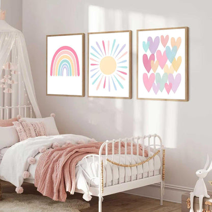 3Pcs Pink Nursery Canvas Wall Art Pastel Rainbow Sun Hearts Posters Prints Boho Pink Sunshine Painting Wall Decor Pictures for Toddler Girls Baby Kids Room Decoration, Unframed 12x16in
