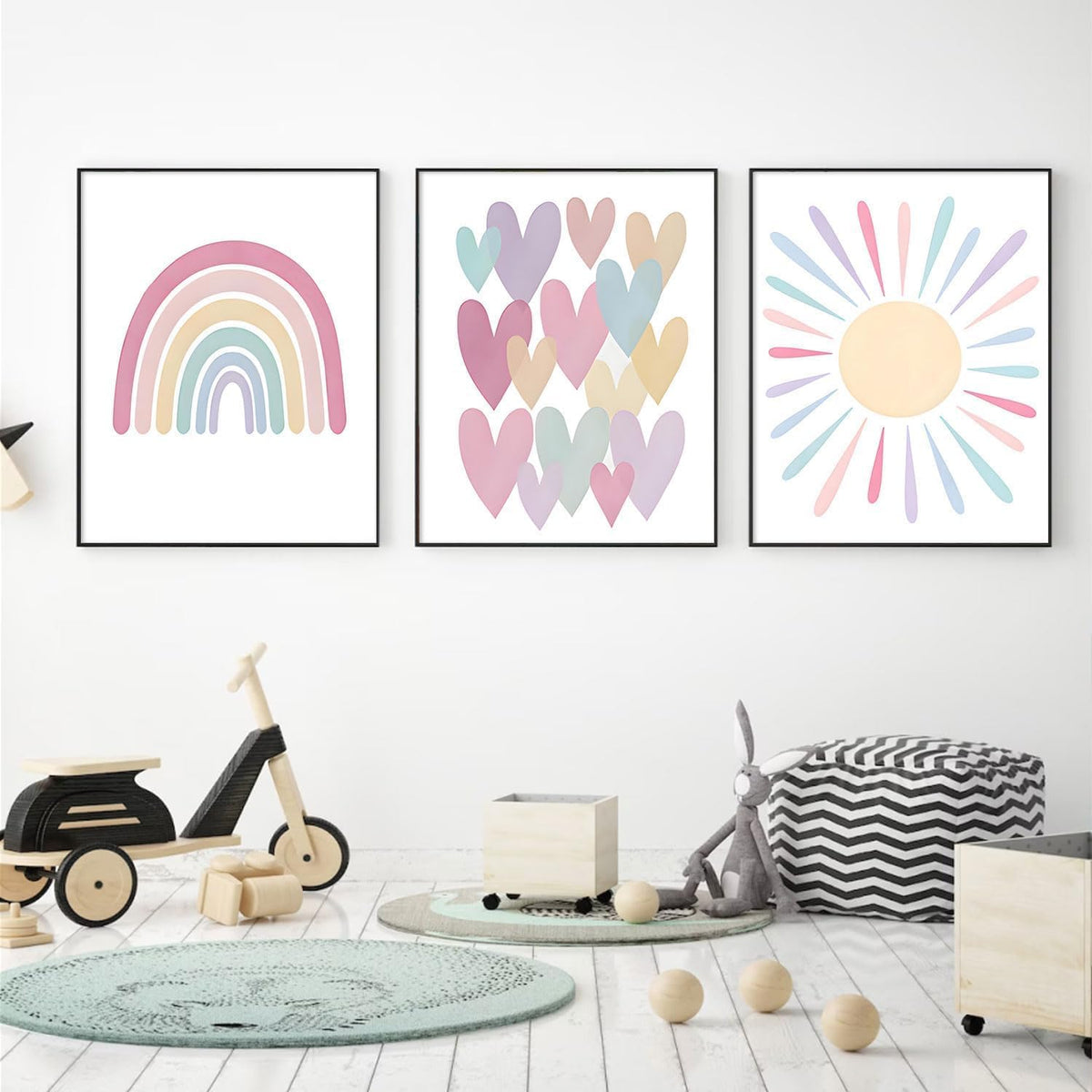 3Pcs Pink Nursery Canvas Wall Art Pastel Rainbow Sun Hearts Posters Prints Boho Pink Sunshine Painting Wall Decor Pictures for Toddler Girls Baby Kids Room Decoration, Unframed 12x16in