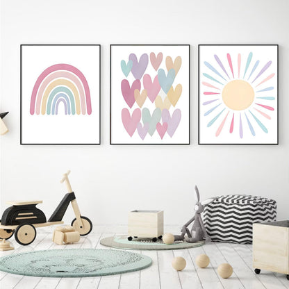 3Pcs Pink Nursery Canvas Wall Art Pastel Rainbow Sun Hearts Posters Prints Boho Pink Sunshine Painting Wall Decor Pictures for Toddler Girls Baby Kids Room Decoration, Unframed 12x16in