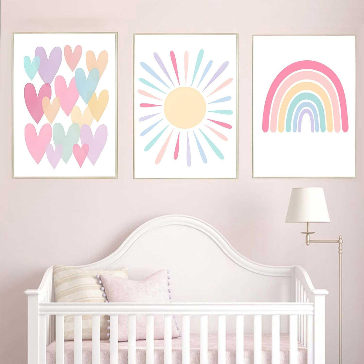 3Pcs Pink Nursery Canvas Wall Art Pastel Rainbow Sun Hearts Posters Prints Boho Pink Sunshine Painting Wall Decor Pictures for Toddler Girls Baby Kids Room Decoration, Unframed 12x16in