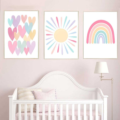 3Pcs Pink Nursery Canvas Wall Art Pastel Rainbow Sun Hearts Posters Prints Boho Pink Sunshine Painting Wall Decor Pictures for Toddler Girls Baby Kids Room Decoration, Unframed 12x16in