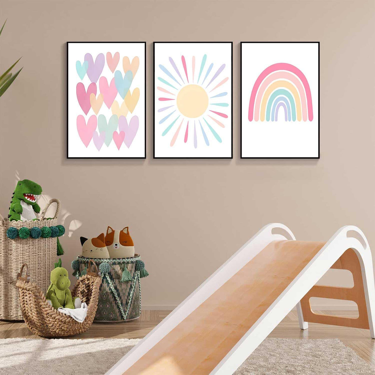 3Pcs Pink Nursery Canvas Wall Art Pastel Rainbow Sun Hearts Posters Prints Boho Pink Sunshine Painting Wall Decor Pictures for Toddler Girls Baby Kids Room Decoration, Unframed 12x16in