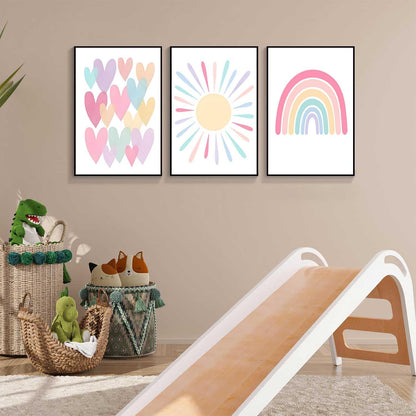 3Pcs Pink Nursery Canvas Wall Art Pastel Rainbow Sun Hearts Posters Prints Boho Pink Sunshine Painting Wall Decor Pictures for Toddler Girls Baby Kids Room Decoration, Unframed 12x16in