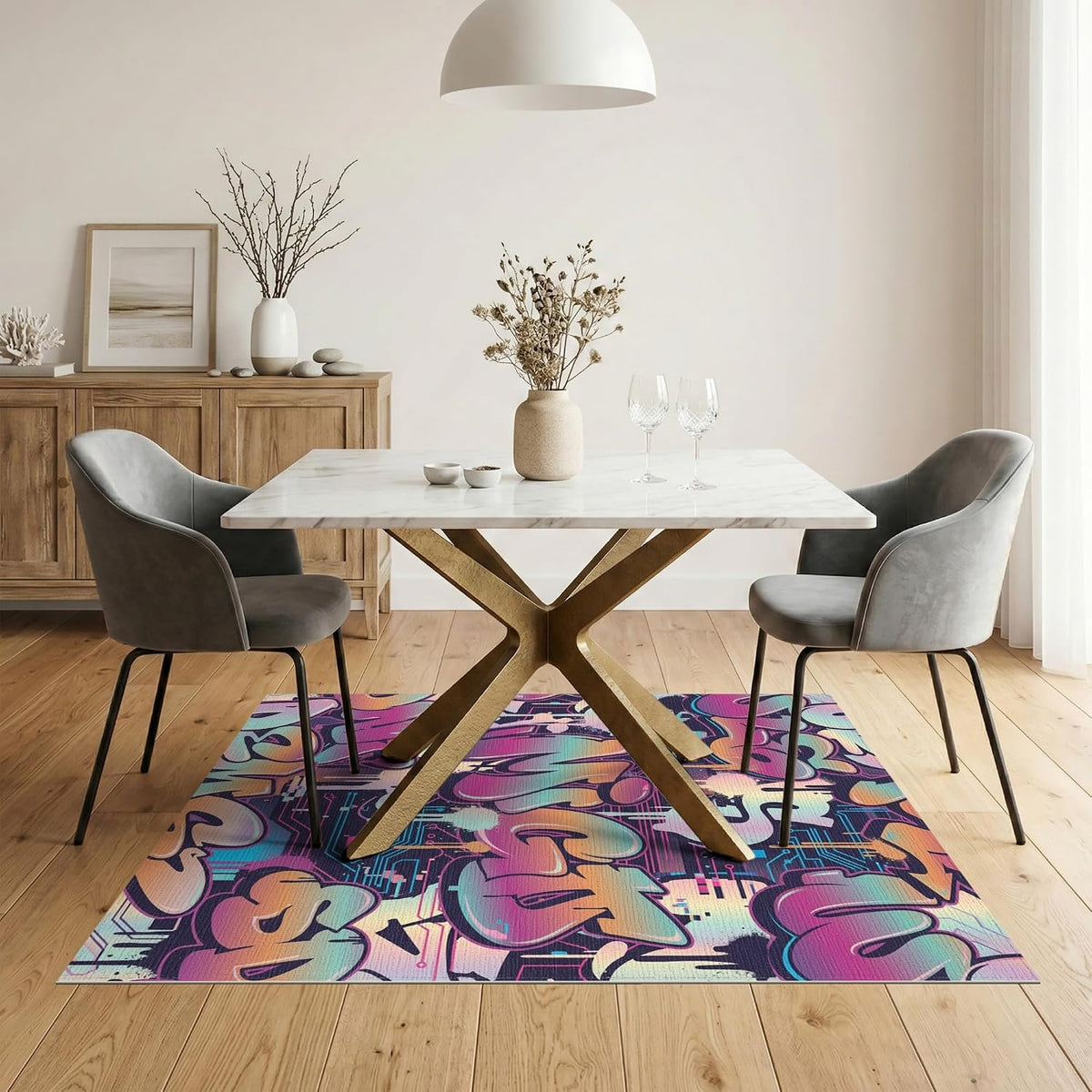 5'x7' Washable Modern Abstract Area Rug, Pink Flatwoven Floor Covering Non-Slip Chair-Friendly Carpet for Dining Room, Under Table, Home Office | Ref:2090285