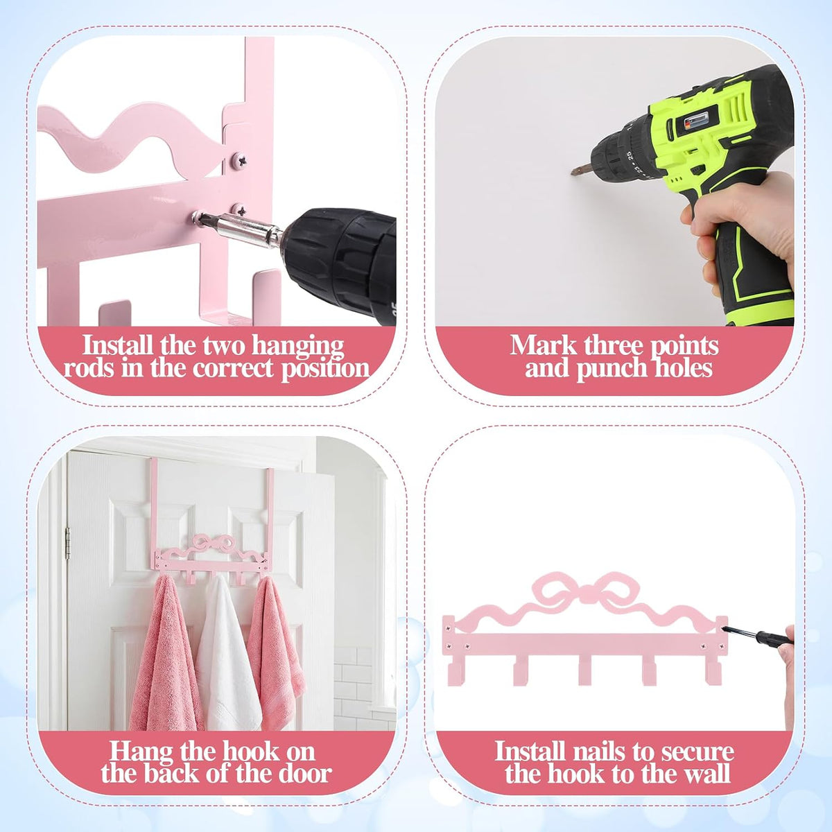Cute Pink Bow Over Door Towel Rack 5 Hooks