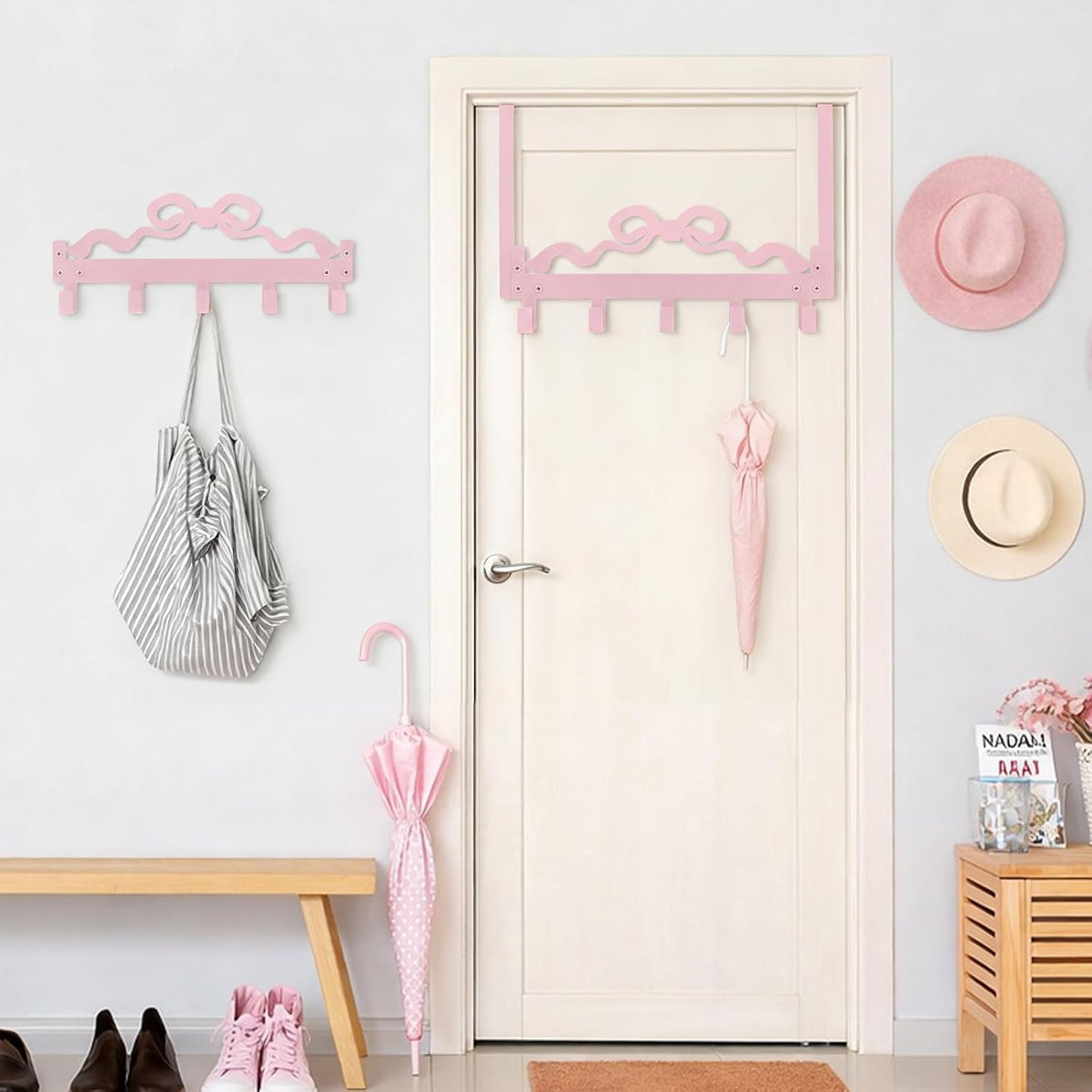 Cute Pink Bow Over Door Towel Rack 5 Hooks