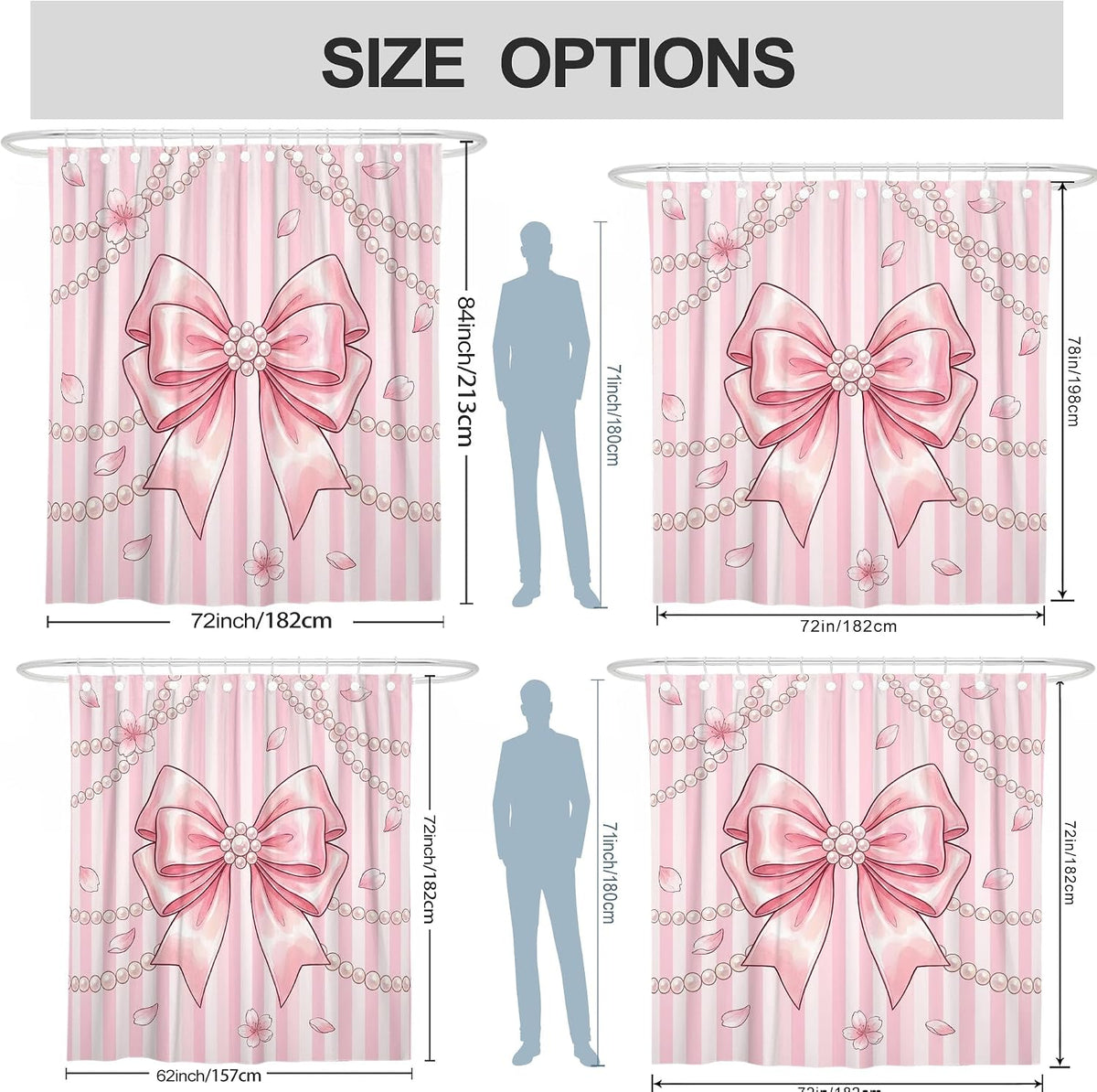Bow Shower Curtain, Feminine Elegant Pearls Flowers Spring Peach Washable with Hooks Toile Cloth Shower Curtains for Bathroom Bathtub Apartment Decor 72x72 Inch